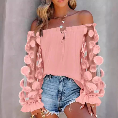 Damen nan schulterfreies Carmen-Top mit transparenten Organza-Ärmeln, kreisförmigen Applikationen und Volantmanschetten Drune