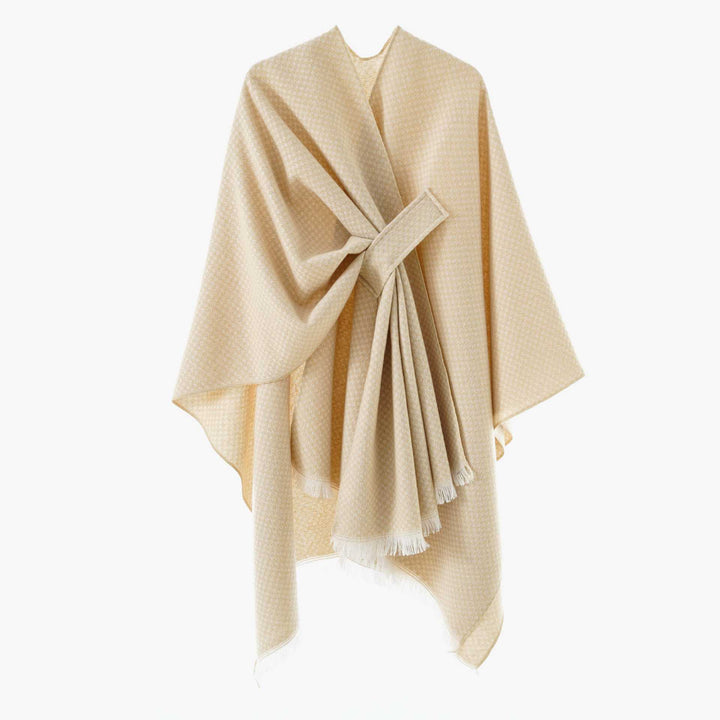 Damen Umlegbarer Wollmix-Poncho mit Hahnentritt-Jacquard und Bindegürtel Drune