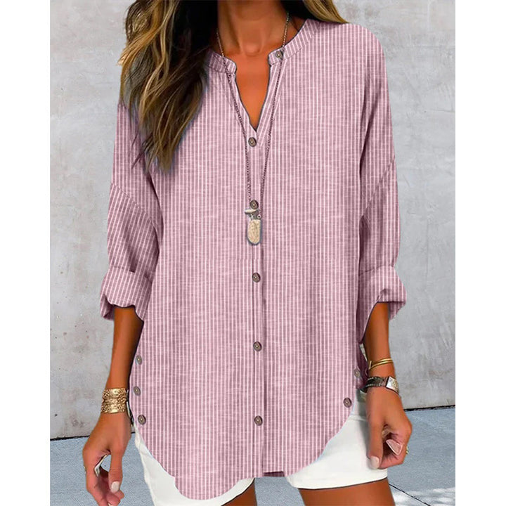 Damen Oversize Leinenlook Tunika Bluse mit Stehkragen und Knopfleiste Drune