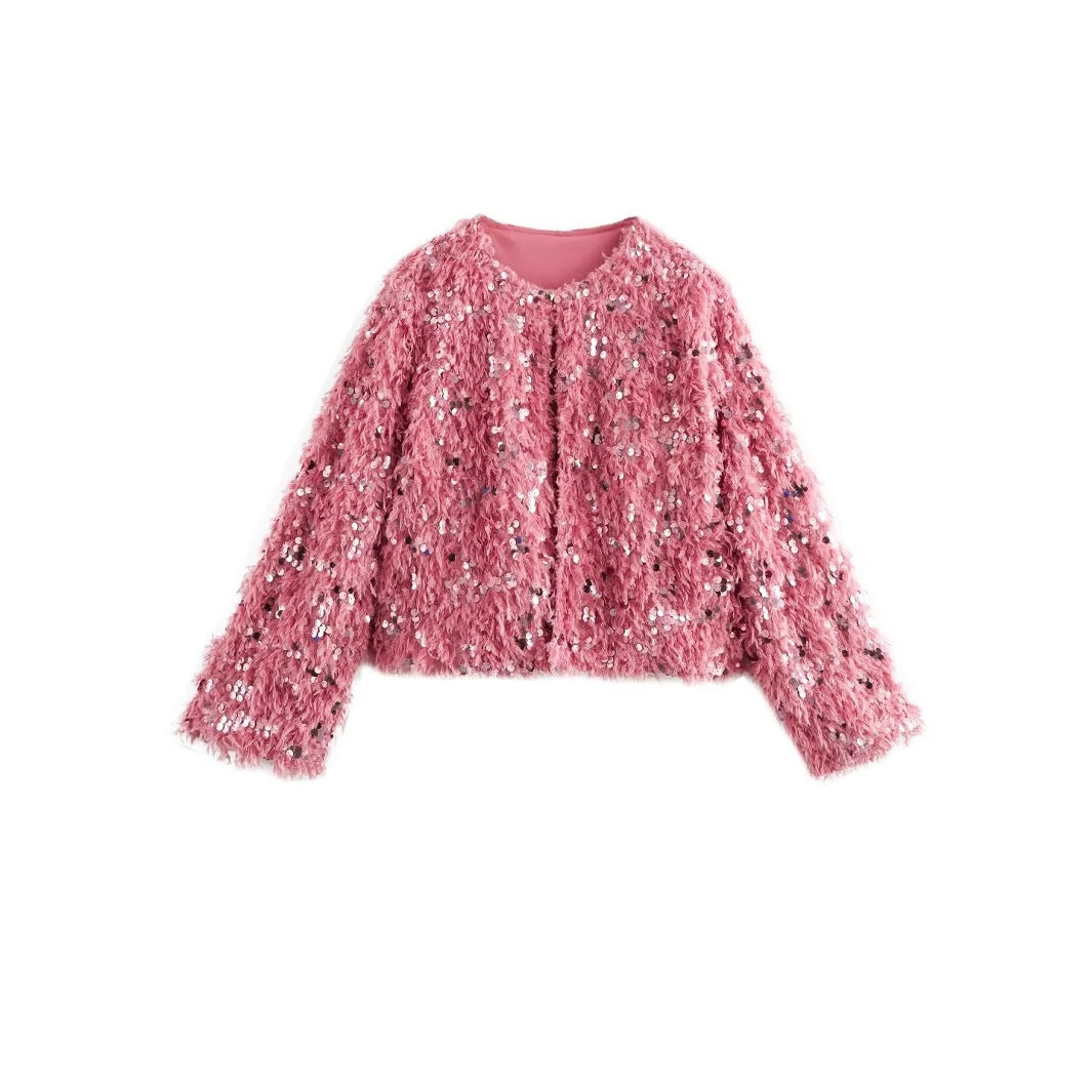 Damen Cropped‑Jacke aus flauschigem Faux‑Fur mit Paillettenbesatz Drune