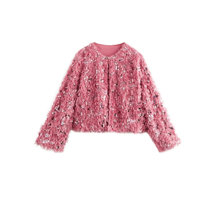 Damen Cropped‑Jacke aus flauschigem Faux‑Fur mit Paillettenbesatz Drune