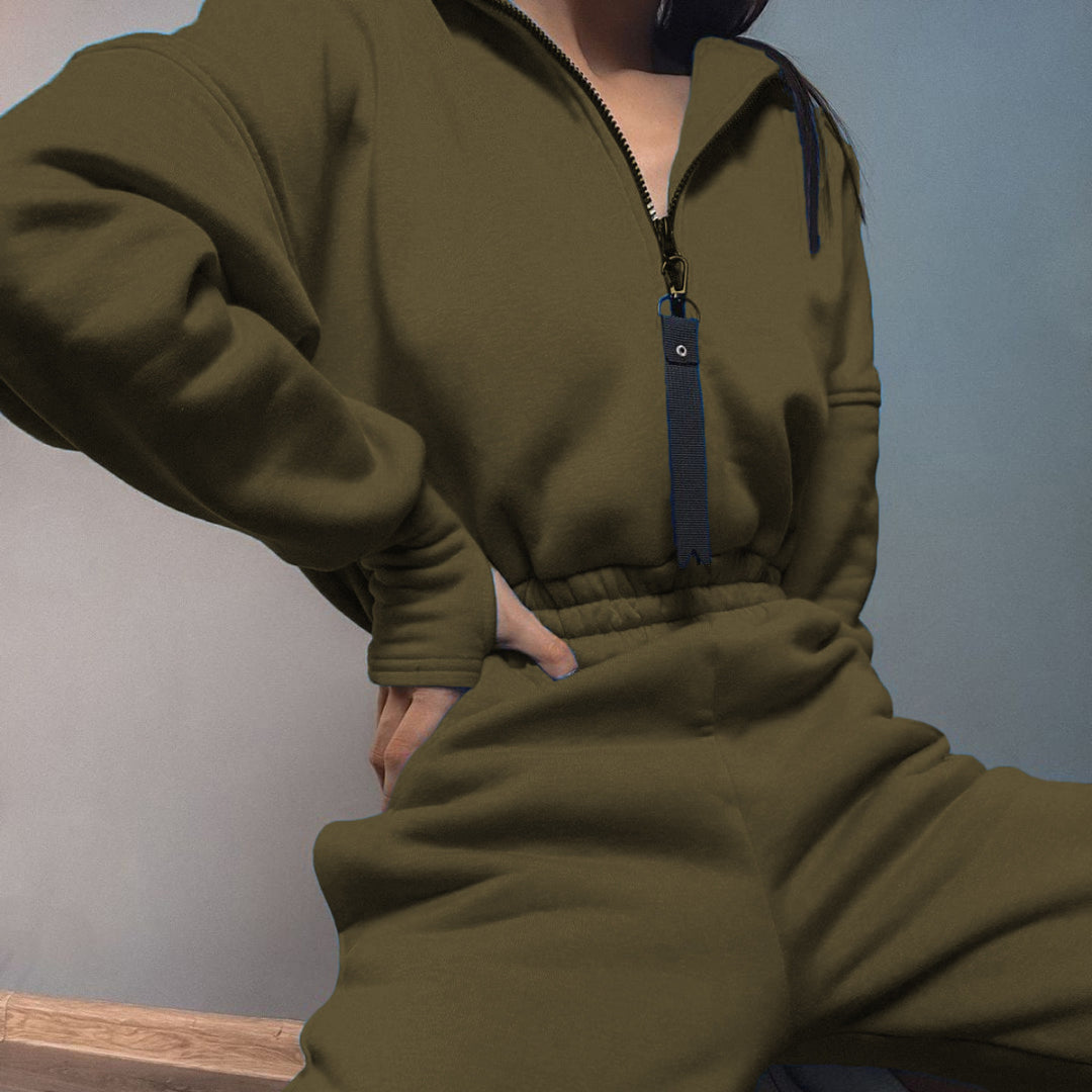 Damen taillierter Sweat-Jumpsuit mit halbem Reißverschluss, elastischem Bund und Kängurutaschen Drune