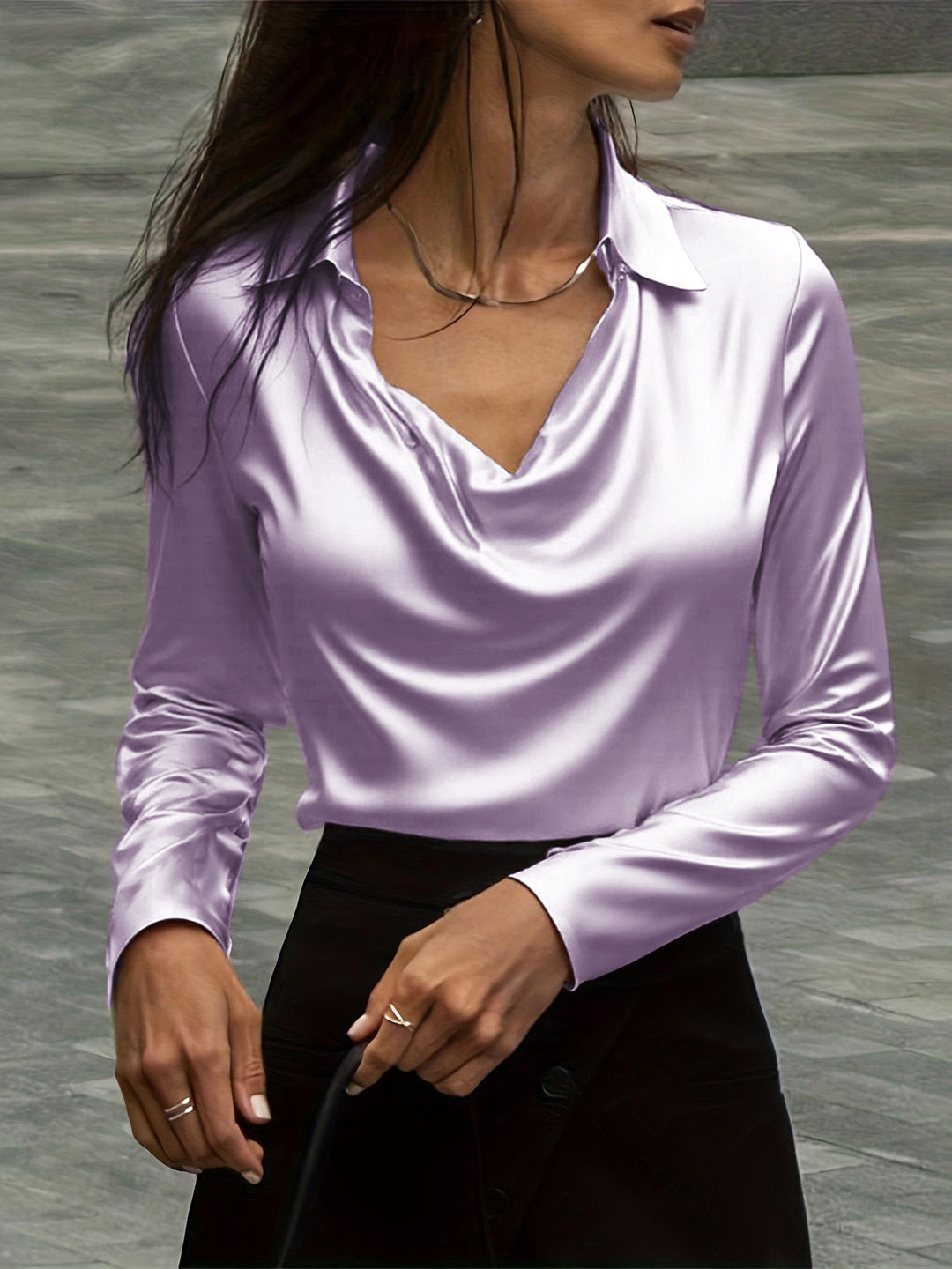 Damen Satinbluse mit Wasserfallkragen und Hemdkragen Drune