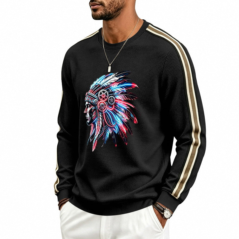 Herren Sweatshirt mit stilisiertem Kopfschmuck-Print und Kontraststreifen an den Ärmeln Drune