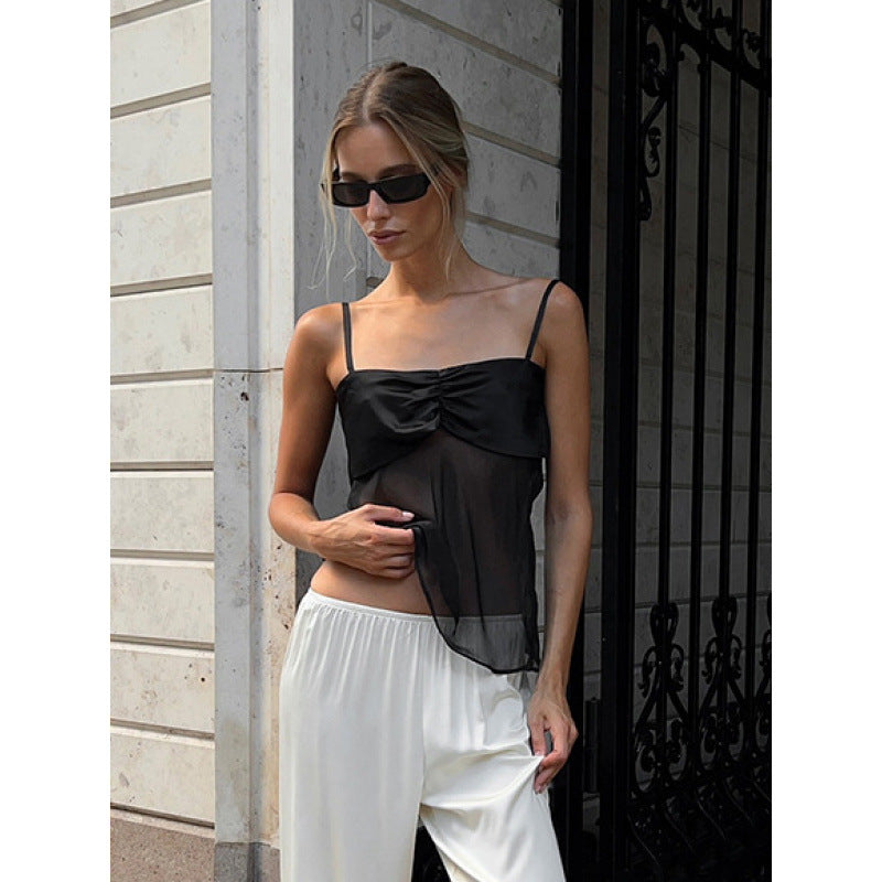 Damen Sexy Trägertop mit transparentem Stoff und raffiniertem Falten-Design Drune