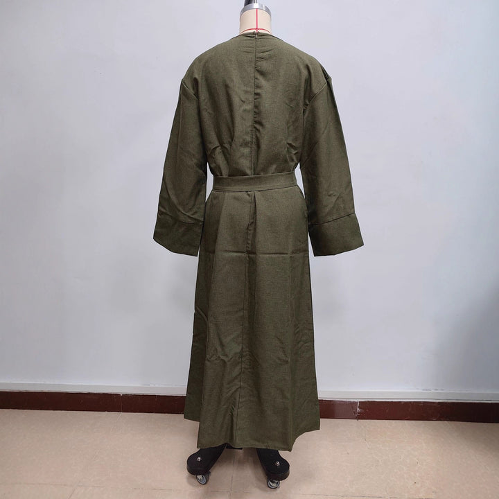 Damen Maxikleid aus Leinen-Mix mit Taillengürtel und weiten Manschellen Drune