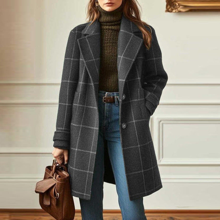 Damen nan karierter Wollmix Mantel mit Reverskragen, aufgesetzten Taschen und taillierter Silhouette Drune