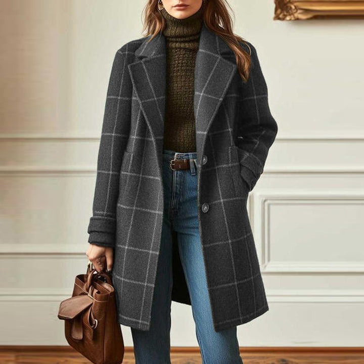 Damen nan karierter Wollmix Mantel mit Reverskragen, aufgesetzten Taschen und taillierter Silhouette Drune