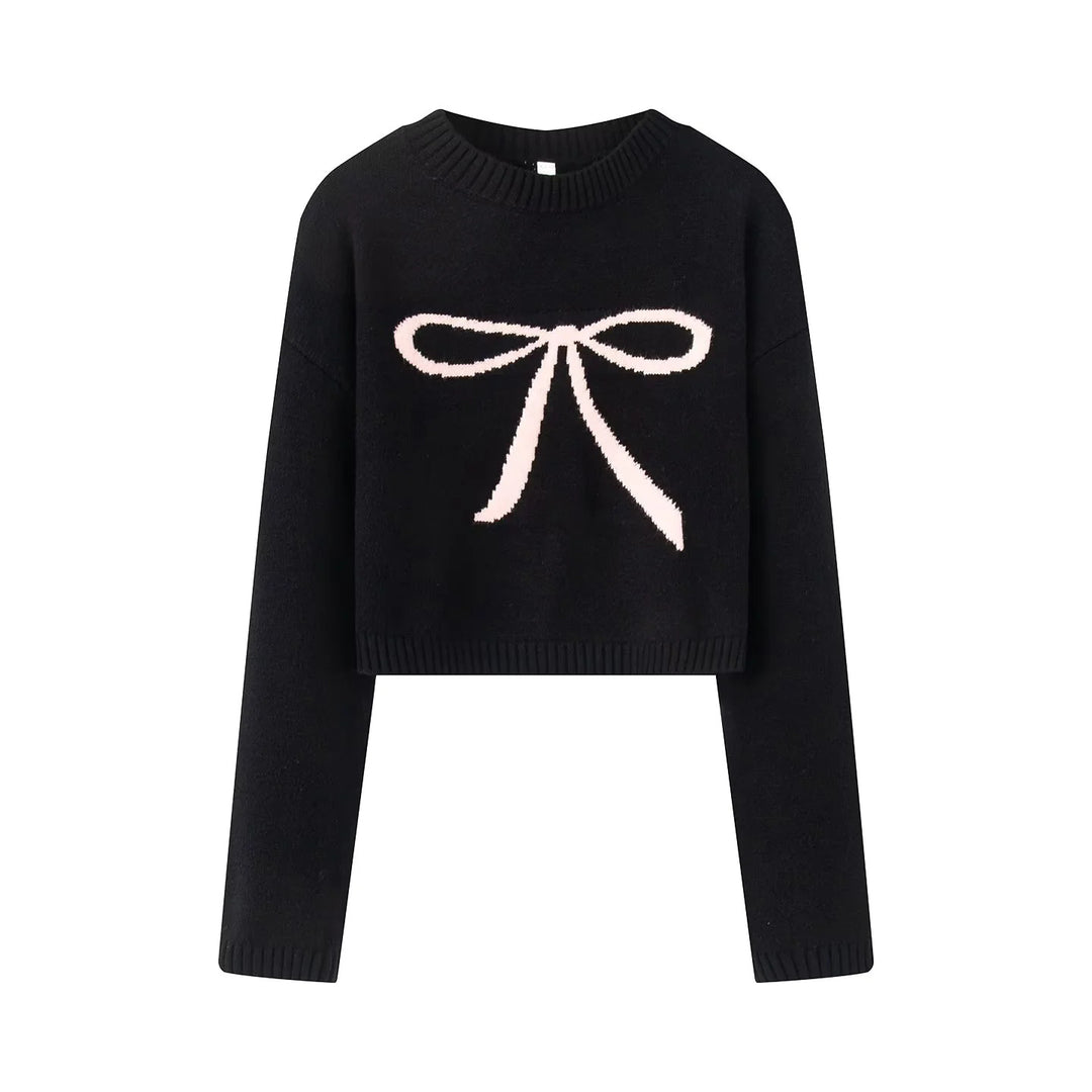 Damen nan kurz geschnittener Strickpullover mit Intarsien-Schleifenmotiv Drune