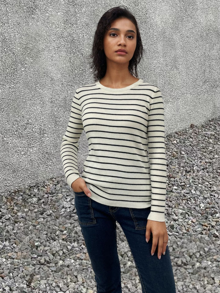 Damen Rippstrickpullover mit Streifenmuster und langen Ärmeln Drune