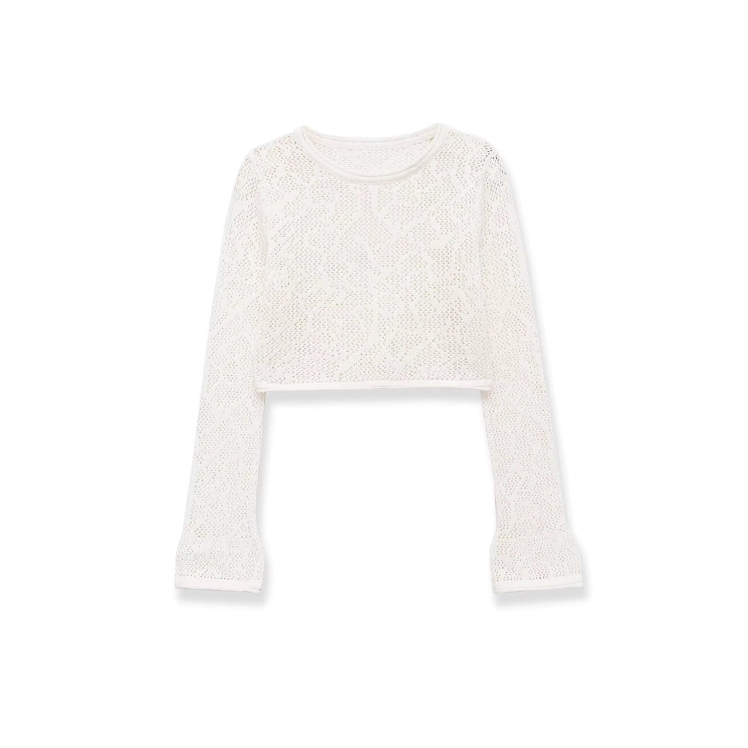 Damen gehäkeltes Cropped-Strickoberteil mit Trompetenärmeln Drune