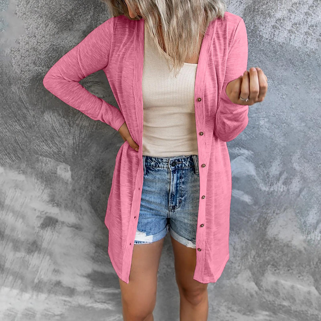 Damen Leichter Longcardigan mit Knopfleiste und geripptem Feinstrick Drune