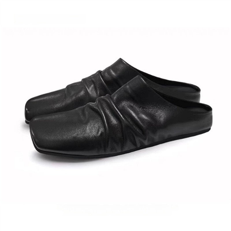 Damen Leder-Mules mit quadratischer Zehenpartie und gerafftem Obermaterial Drune