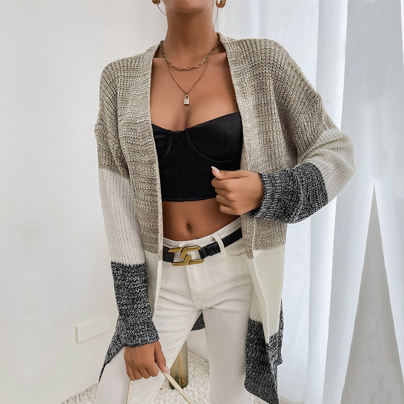 Damen Oversize Strick-Cardigan mit Colorblock-Maschenbild und offener Front Drune