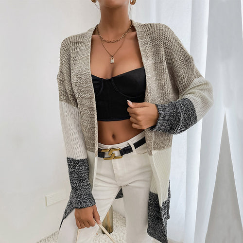 Damen Oversize Strick-Cardigan mit Colorblock-Maschenbild und offener Front Drune