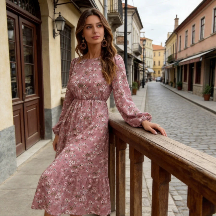 Damen Florales Midikleid mit elastischer Taillenpartie, langen Balloonärmeln und Volantstufe Drune