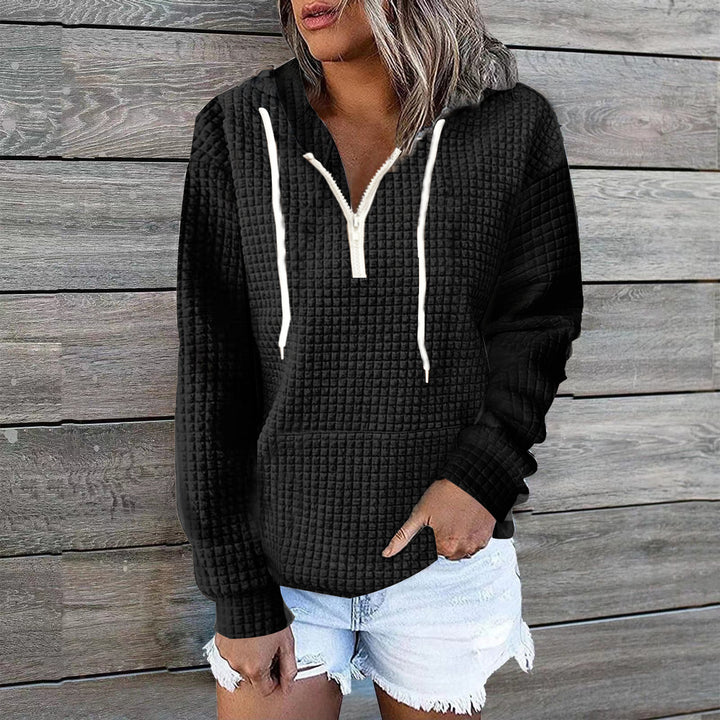 Damen Waffelstruktur Kapuzenpullover mit Halbzip, Kängurutasche und lässigem Oversize‑Schnitt Drune