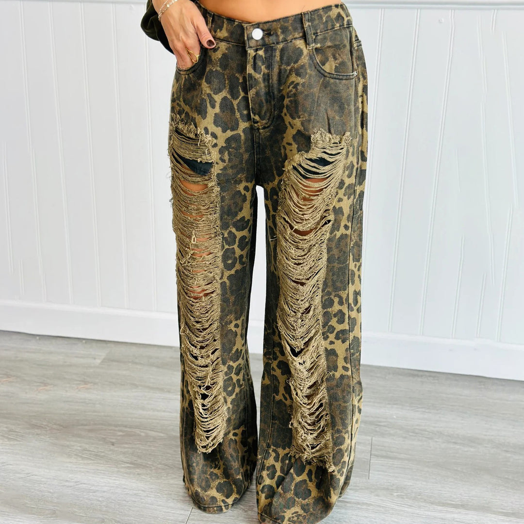 Damen Weite Löwenmuster Jeans mit ausgefransten Details Drune