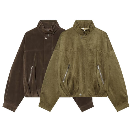 Damen Oversize-Wildleder‑Bomberjacke mit hohem Stehkragen und Reißverschlusstaschen Drune