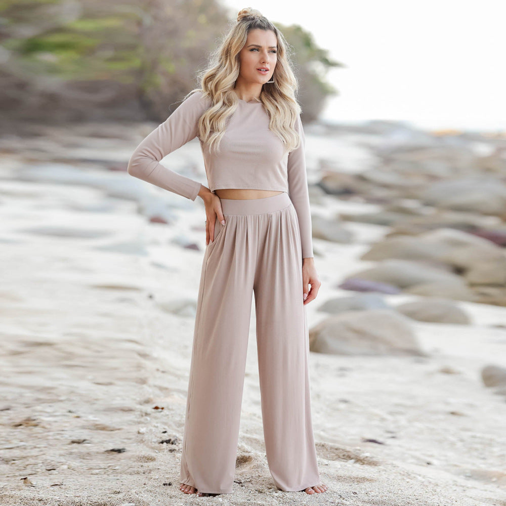 Damen Langarm Cropped Pullover und Hochbund Weite Hose Lounge Set Drune