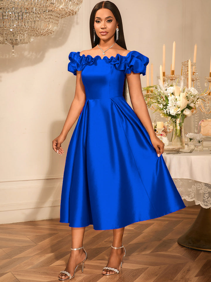 Damen Midi-Party Kleid mit schulterfreiem Design und voluminösen Rüschen Drune