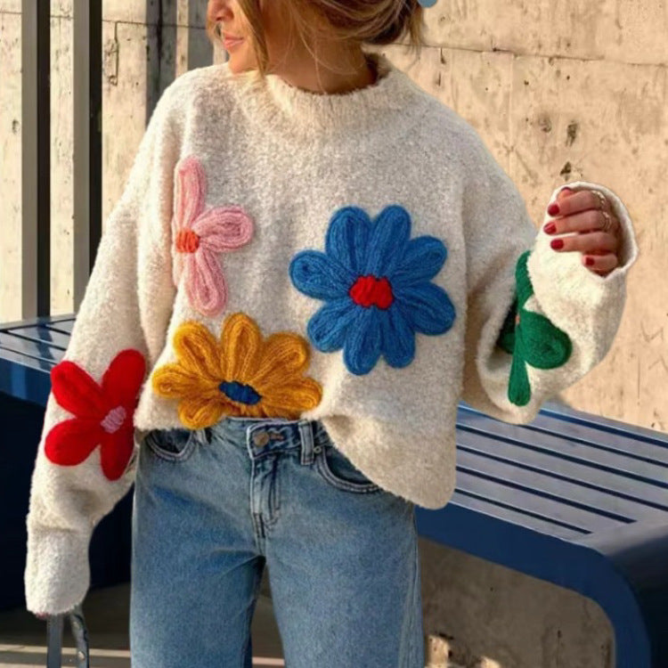 Damen Boxy-Strickpullover mit bunten 3D-Blumenapplikationen Drune
