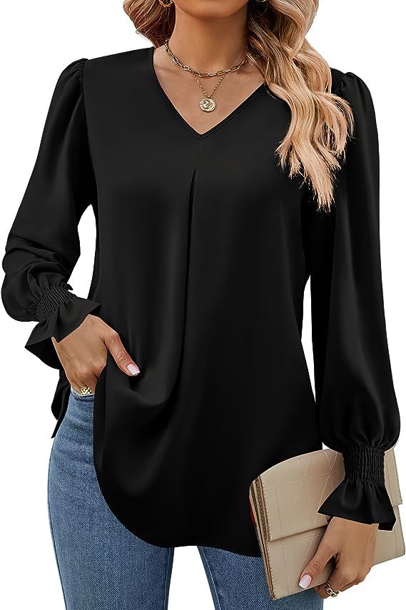 Damen elegante Bluse mit V-Ausschnitt und voluminösen Ärmeln Drune