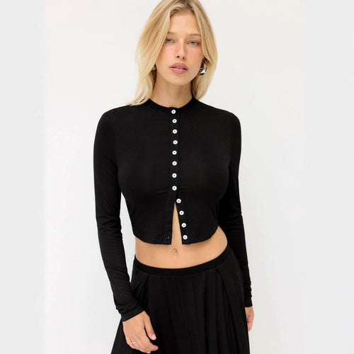 Damen Cropped-Cardigan mit Perlmuttknöpfen und asymmetrischem Zipfel-Midirock Drune