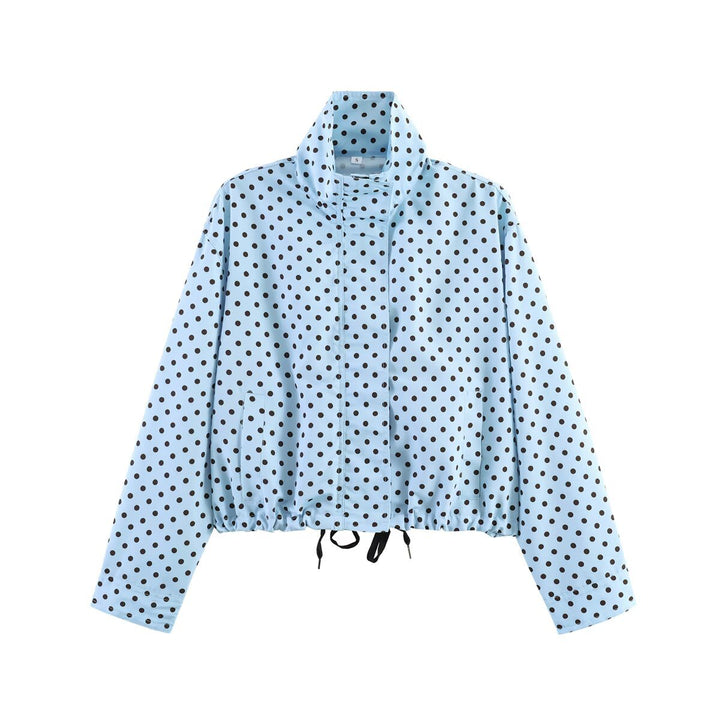 Damen Gepunktete Kurzjacke mit Stehkragen, verdeckter Frontleiste und Kordelzug Drune