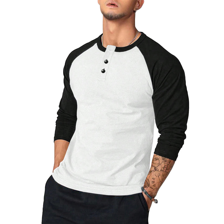 Herren Lässiges Langarm Henley-Shirt mit Kontrastärmeln Drune
