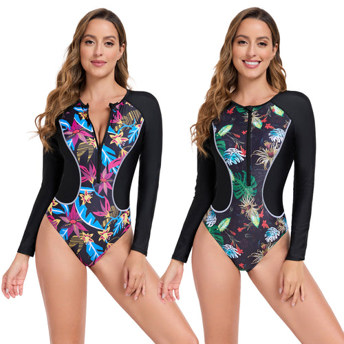 Damen Rashguard mit langem Arm und buntem Pflanzenmuster Drune