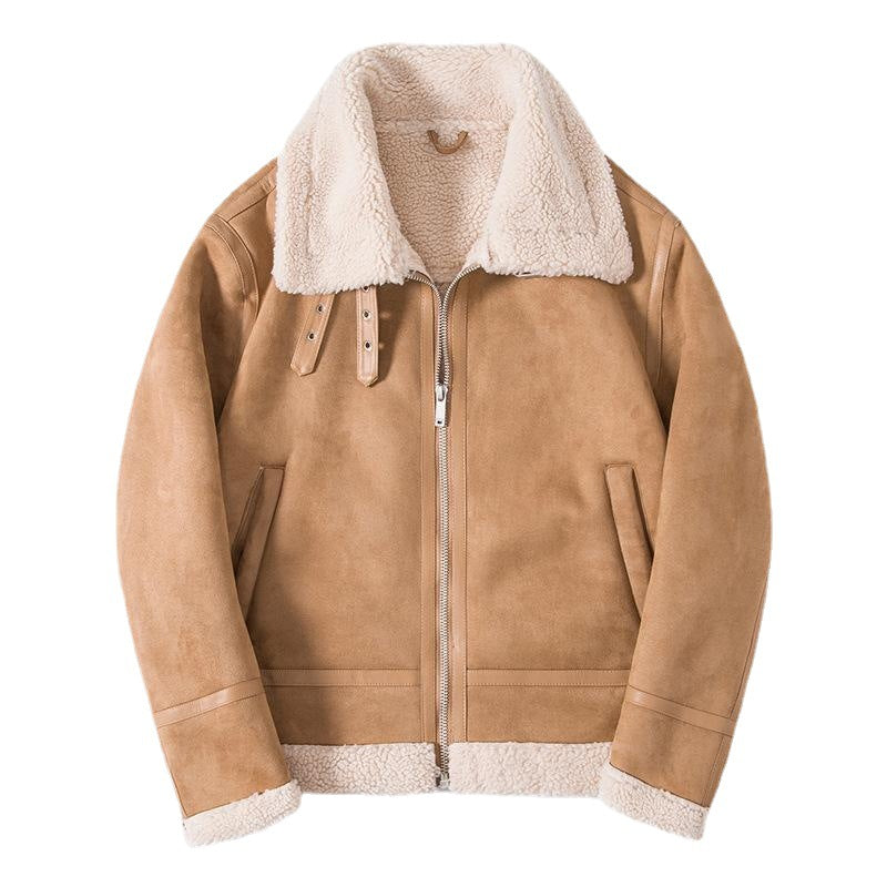 Herren Lammfelloptik Pilotenjacke mit Teddyfutter und Lederbesatz Drune