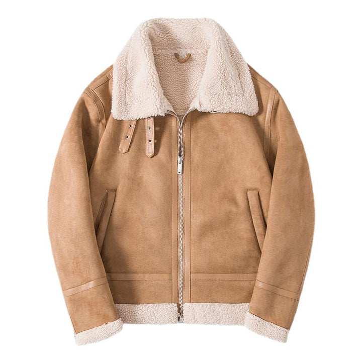 Herren Lammfelloptik Pilotenjacke mit Teddyfutter und Lederbesatz Drune