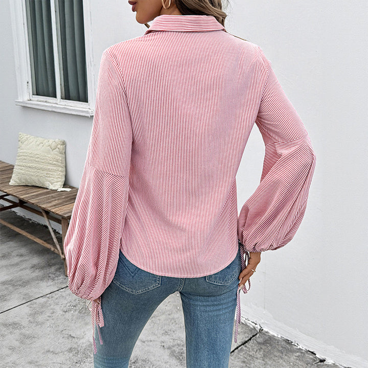 Damen Leichte Nadelstreifen-Hemdbluse mit Kordel-Ballonärmeln Drune