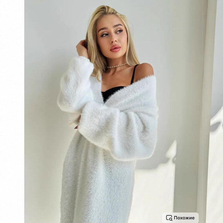 Damen Flauschiger Maxi Cardigan mit tiefem V-Ausschnitt und oversized Silhouette Drune
