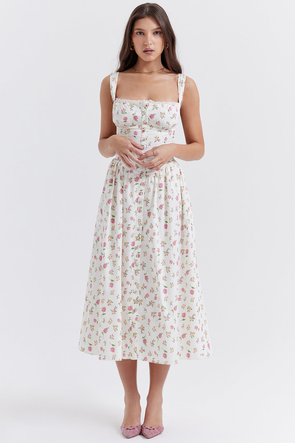 Damen Sommerliches Maxikleid mit floralen Einsätzen und tailliertem Oberteil Drune