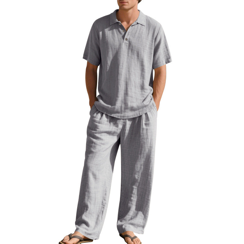 Herren nan luftiges Leinen-Ensemble mit Polokragen und regulierbarer Bundhose Drune