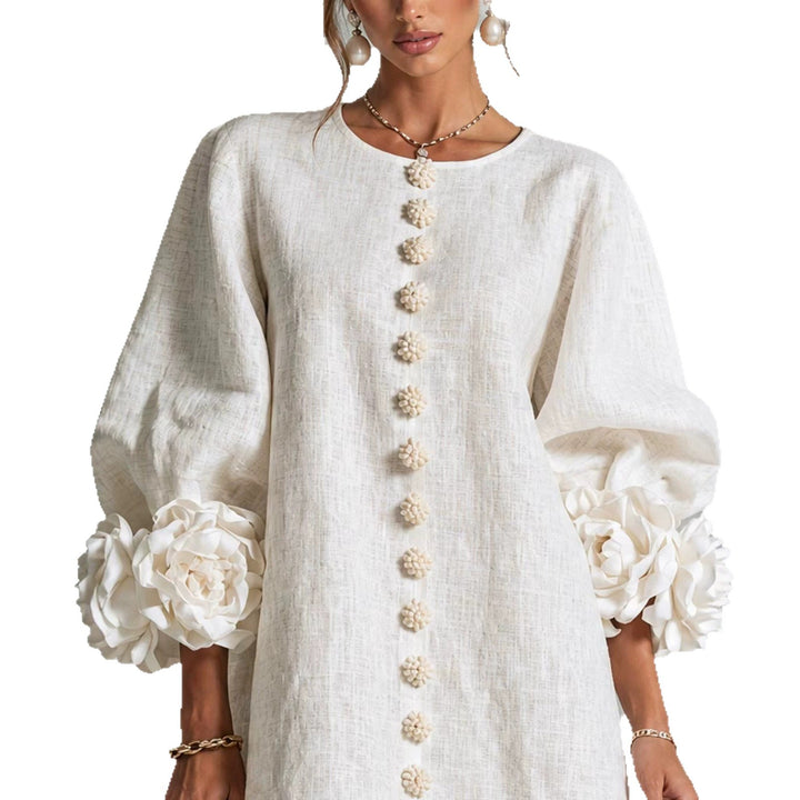 Damen Midikleid mit voluminösen Puffärmeln, 3D-Blütenknopfleiste und Leinenstruktur Drune