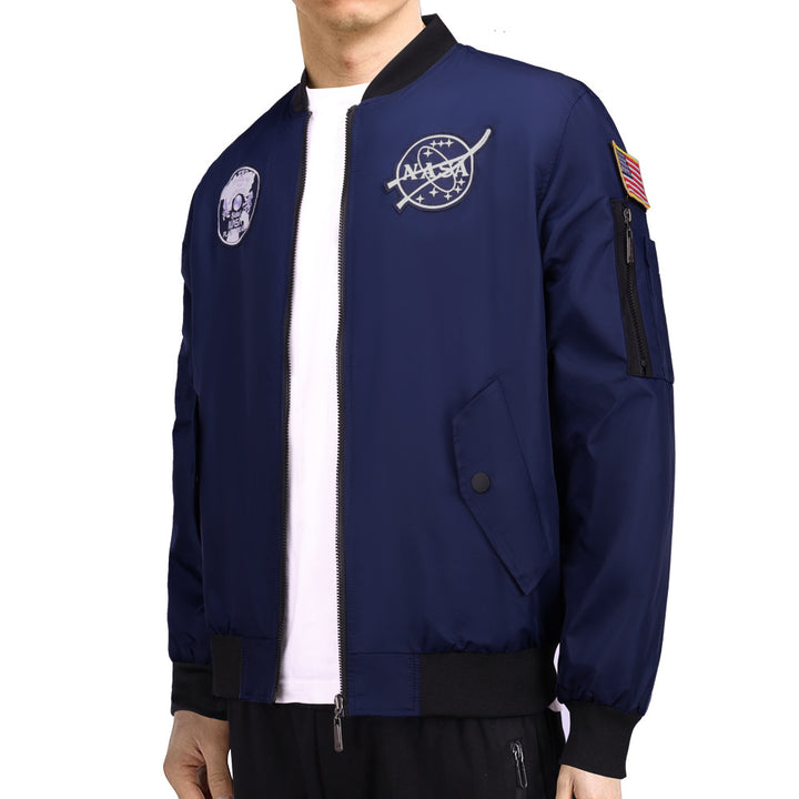 Herren  bestickte Raum-Patch glänzende Shell Bomberjacke mit bedrucktem Innenfutter und Ärmel-Reißverschluss-Nutztasche Drune
