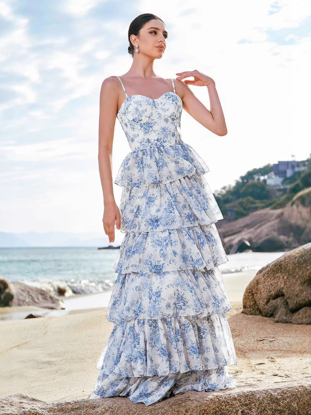Damen Boho-Chic Maxikleid mit floralen Volant-Details und herzförmigem Ausschnitt Drune