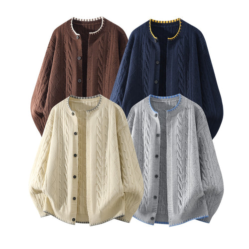 Damen Oversize Zopfmuster-Cardigan mit Rundhalsausschnitt, Ballonärmeln & Kontrastnaht Drune