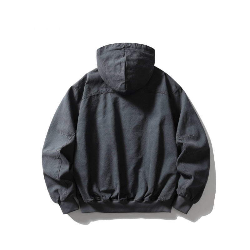 Unisex Boxy-Hoodie-Blousonjacke mit verdeckter Front und Pattentaschen Drune