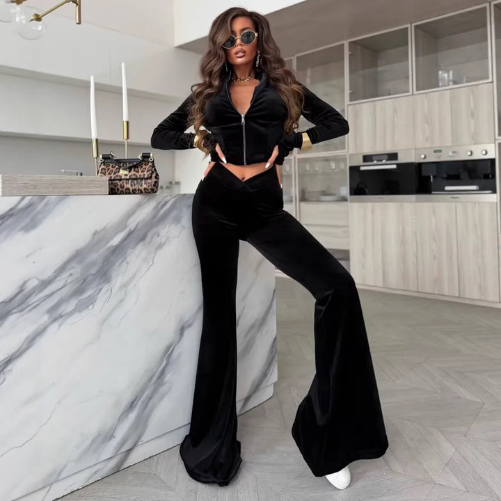 Damen Samt-Cropped-Set mit Reißverschlussjacke und V-förmiger taillenhoher Schlaghose Drune
