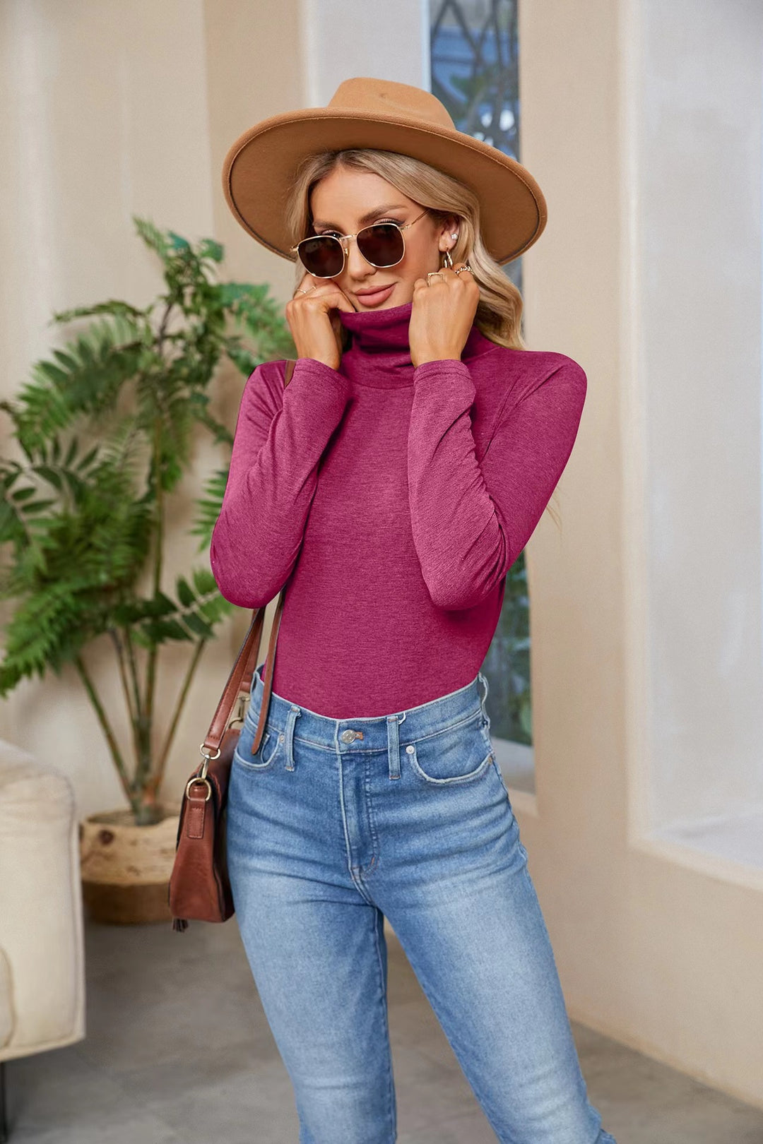 Damen Figurnahe Stretch-Jersey Rollkragenoberteil mit langem Arm Drune
