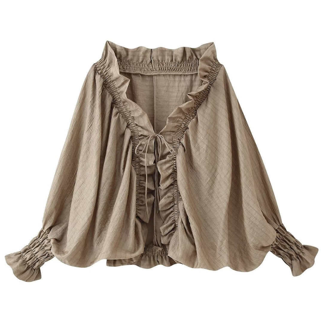 Damen Romantische Rüschenbluse im Boho-Stil mit Bindeband und gerafften Manschetten Drune