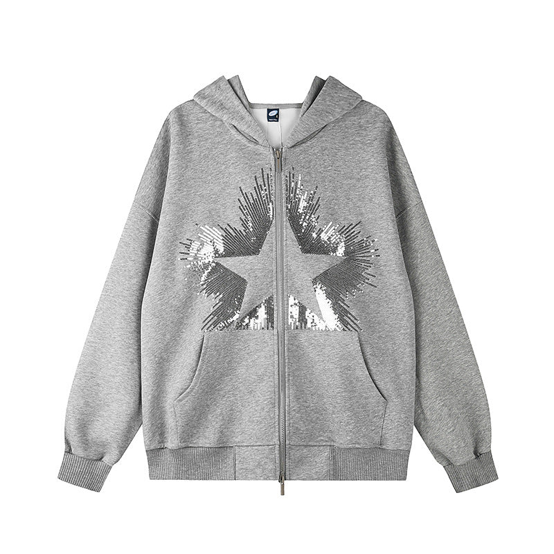 Damen Oversize-Kapuzenjacke aus French Terry mit glitzerndem Sternprint und Metallreißverschluss Drune