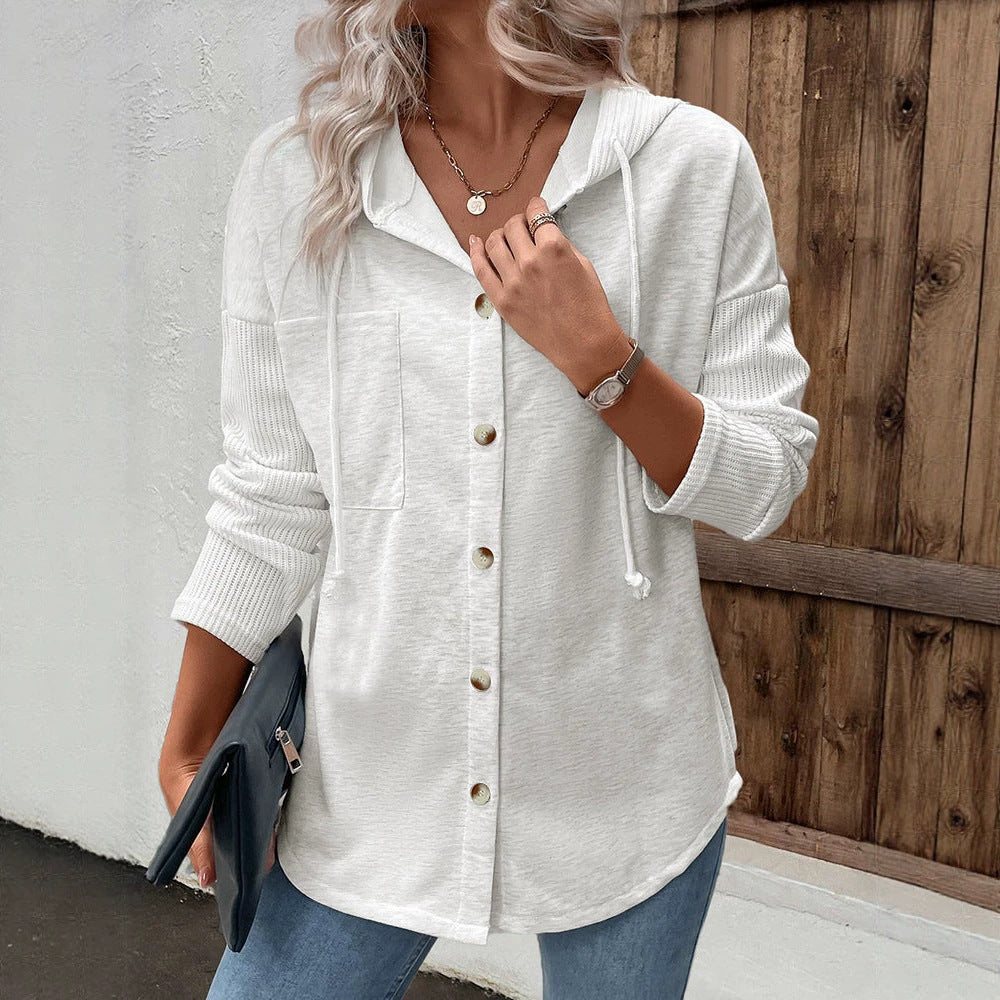 Damen Kapuzencardigan mit Knopfleiste, kontrastierenden Rippärmeln und lässiger Longline-Silhouette Drune