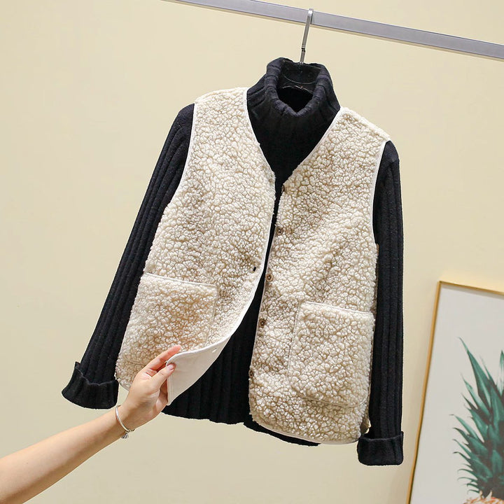 Damen Teddy-Fleece Weste mit Knopfleiste und Aufgesetzten Taschen Drune