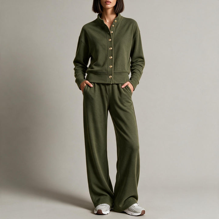 Damen Sweatjacke mit Druckknopfleiste, Stehkragen und weichem Lounge-Schnitt Drune