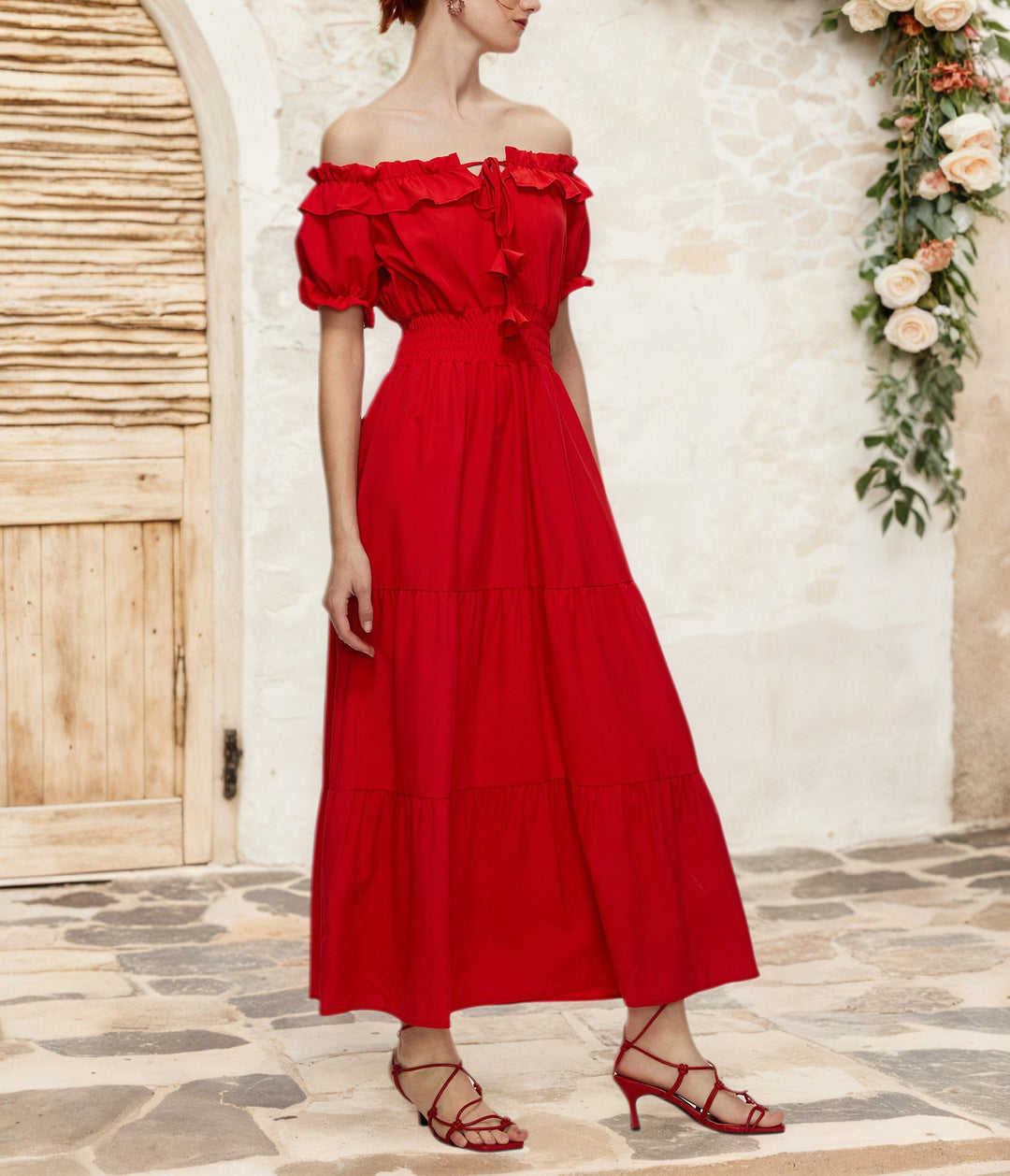 Damen Off-Shoulder Maxikleid mit elastischem Taillenbund und Rüschendetails Drune